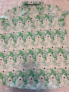 Pebble Beach White Polo with Green Floral Print